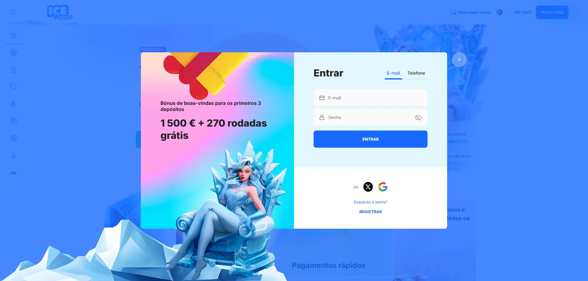 Tela de login do Ice Casino — acesse sua conta com segurança